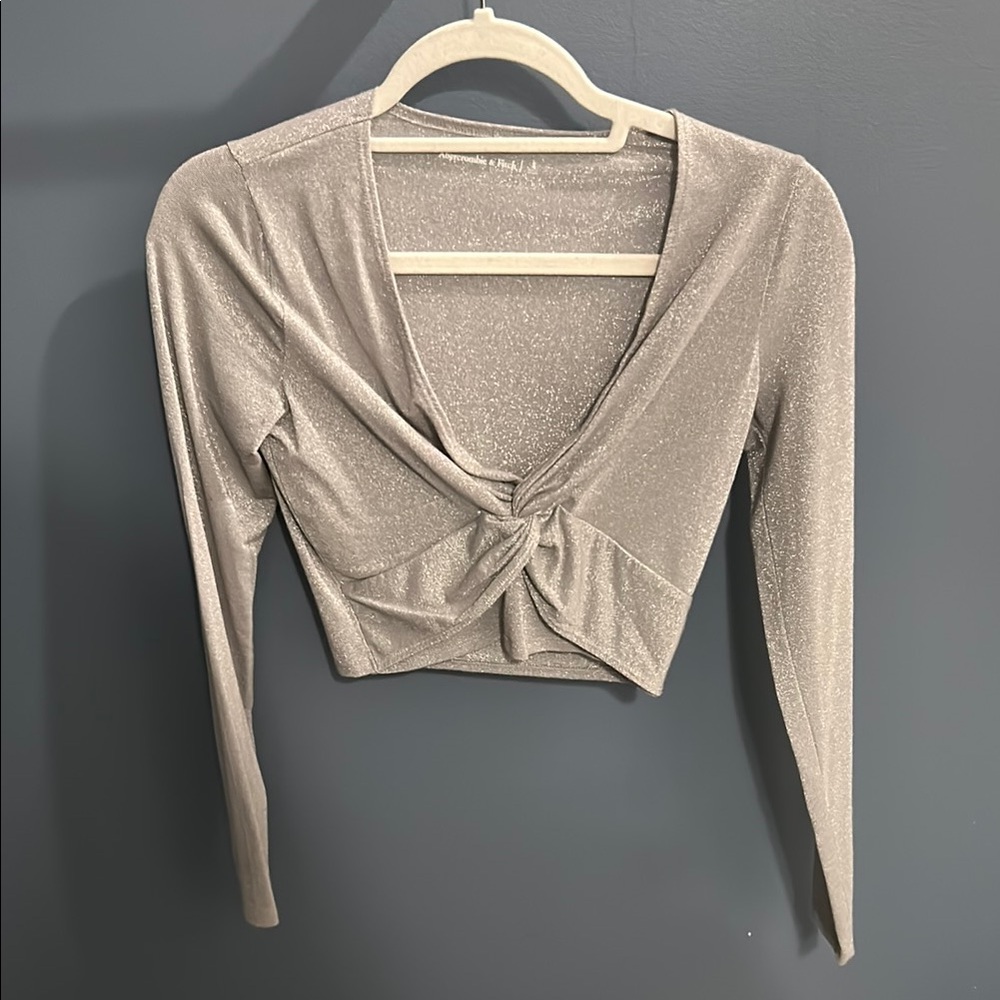 Abercrombie & Fitch Silver Crop Blouse with Tie Front and Long Sleeves